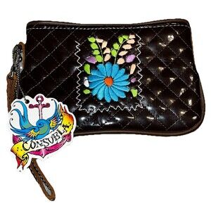 Consuela Quilted Brown Patent w Leather Trim Embroidered Clutch Wristlet NEW